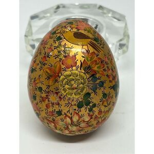 VTG Handmade Kashmir India Paper Mache Trinket Box Egg-Shaped GILT Floral Birds